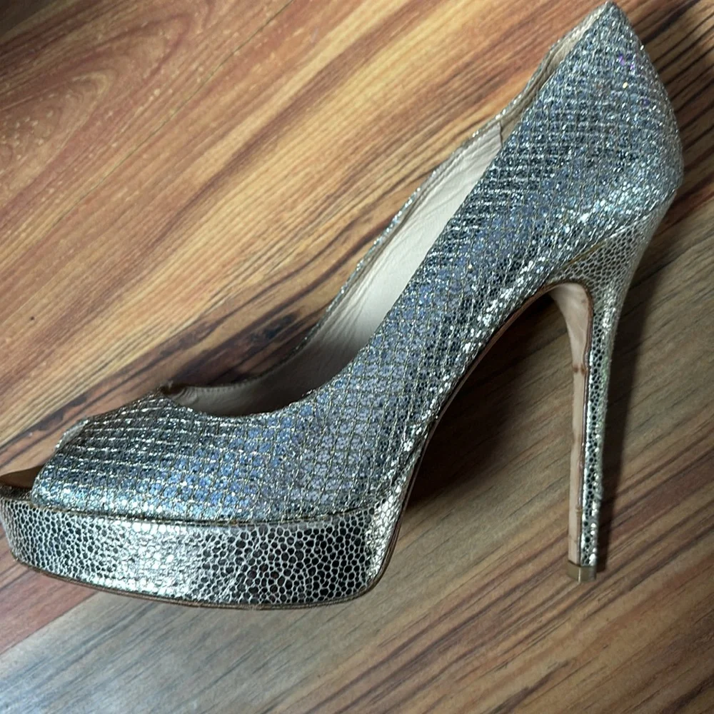 Jimmy Choo Peep Toe Luna Platform Pumps Heels Glitter Fabric Champagne 38/ 7.5 - Picture 2 of 14